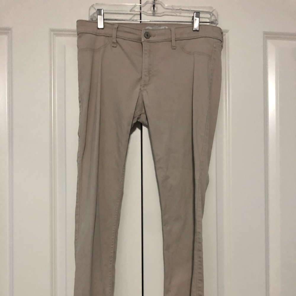 Slightly worn khaki pants. Stretchy and comfy